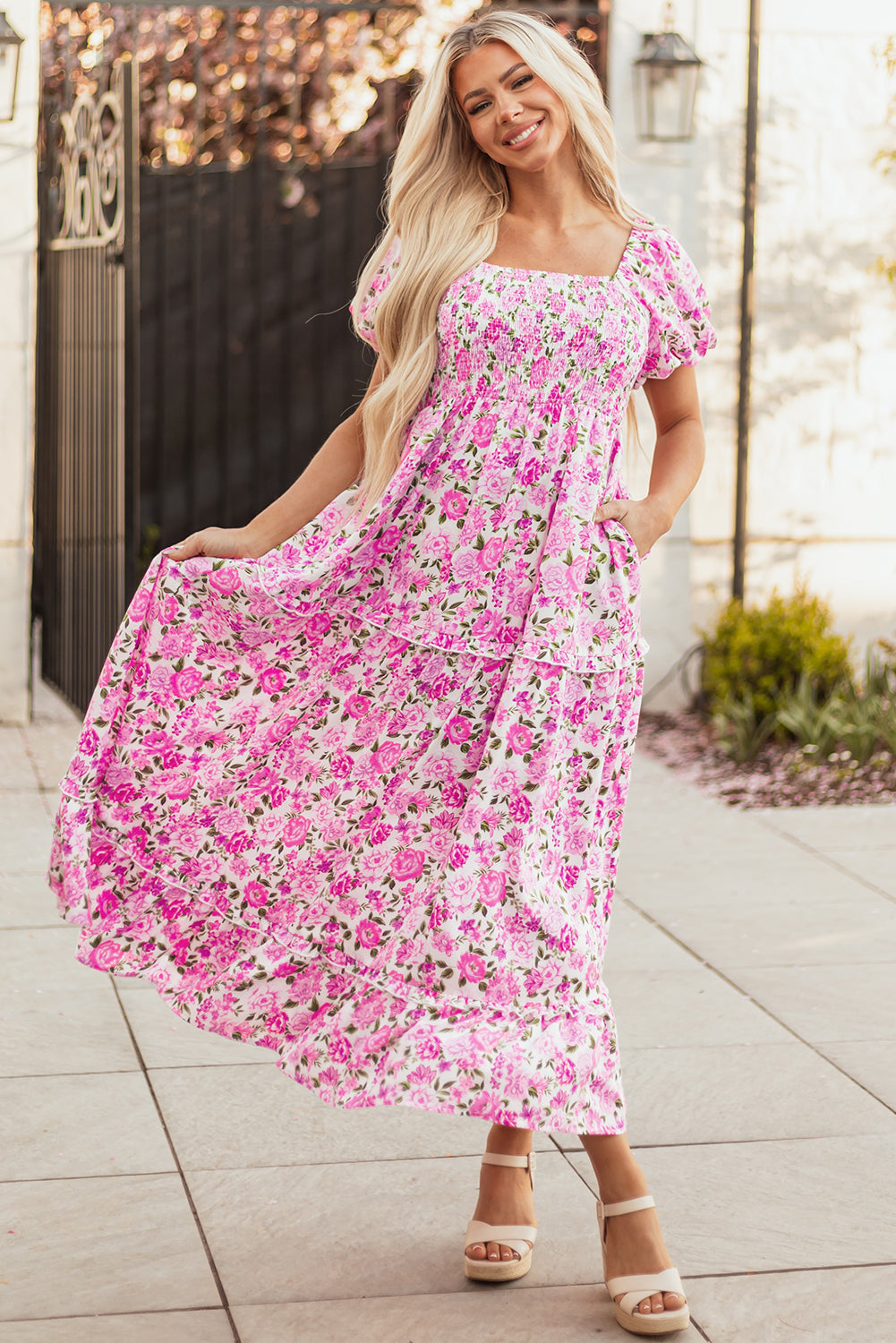 Pink Dainty Floral Smocked Puff Sleeve Flowy Long Dress