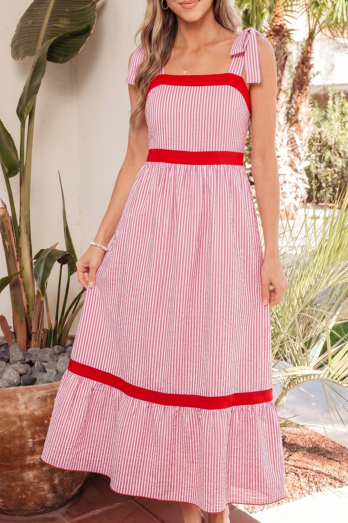 Red Stripe Bow Knot Straps Contrast Trim High Waist Ruffle Hem Maxi Dress