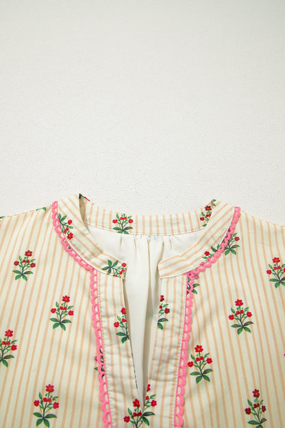 Apricot Striped Floral Print Contrast Detail Ruffle Hem Short Dress