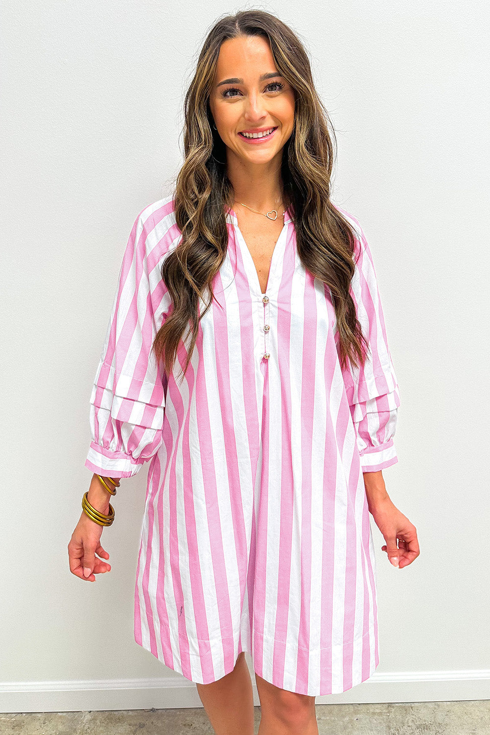 Rose Stripe Bracelet Sleeve Buttons Loose Mini Dress
