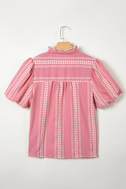 Brown Western Pony Embroidered Yoke Puff Sleeve Gingham Blouse