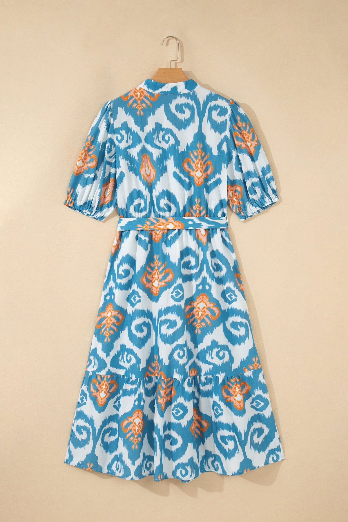 Sky Blue Boho Floral Print Short Puff Sleeve Button Down Ruffle Hem Midi Dress