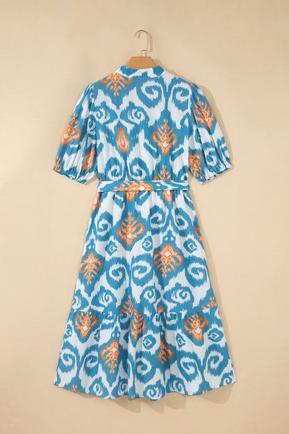 Sky Blue Boho Floral Print Short Puff Sleeve Button Down Ruffle Hem Midi Dress