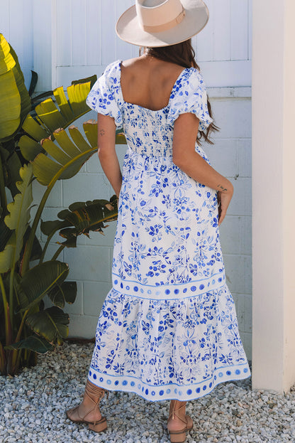 Sky Blue Floral Print Square Neck Bubble Sleeve High Waist Maxi Dress