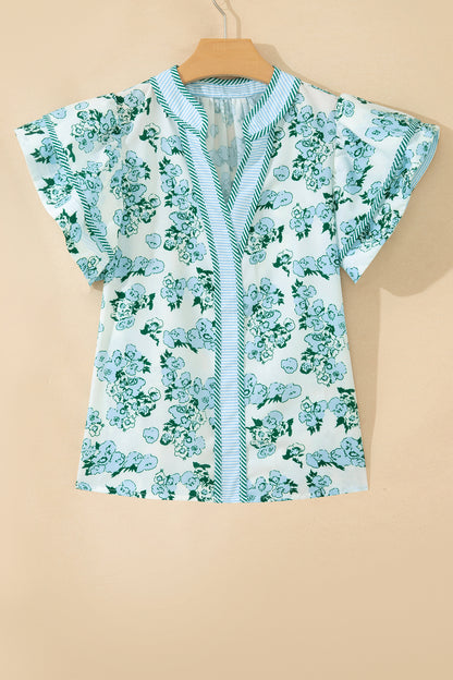 Green Floral Meets Stripes V Neck Flutter Sleeve Blouse