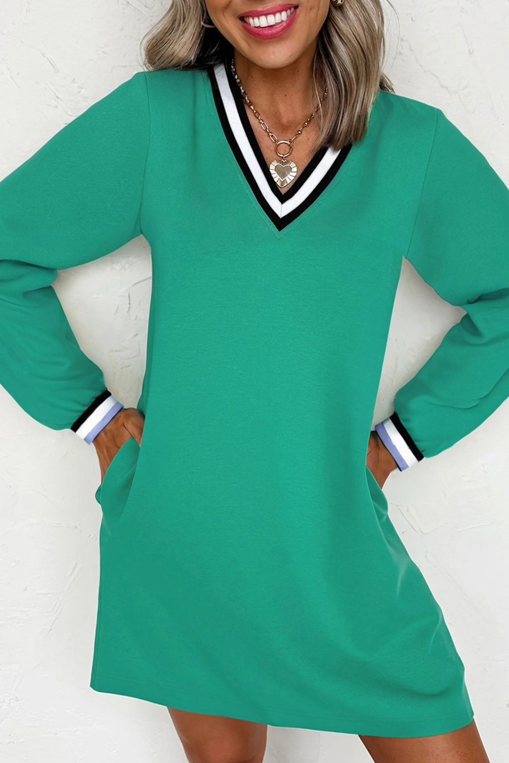 Mint Green Varsity Contrast Striped V Neck Long Sleeve T Shirt Dress with Pockets