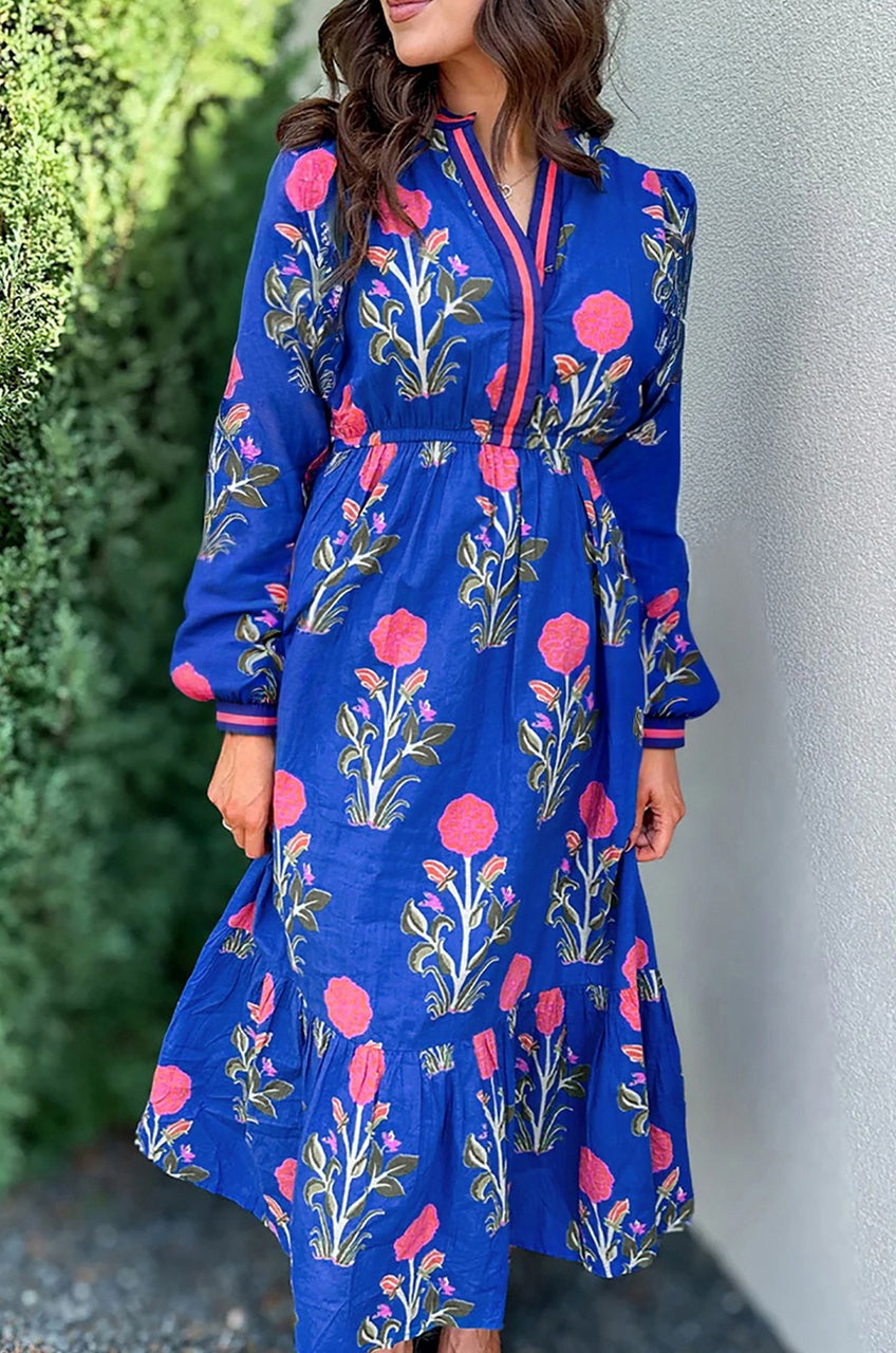 Blue Floral Print Striped Trim Split Neck Long Sleeve Ruffle Hem Midi Dress