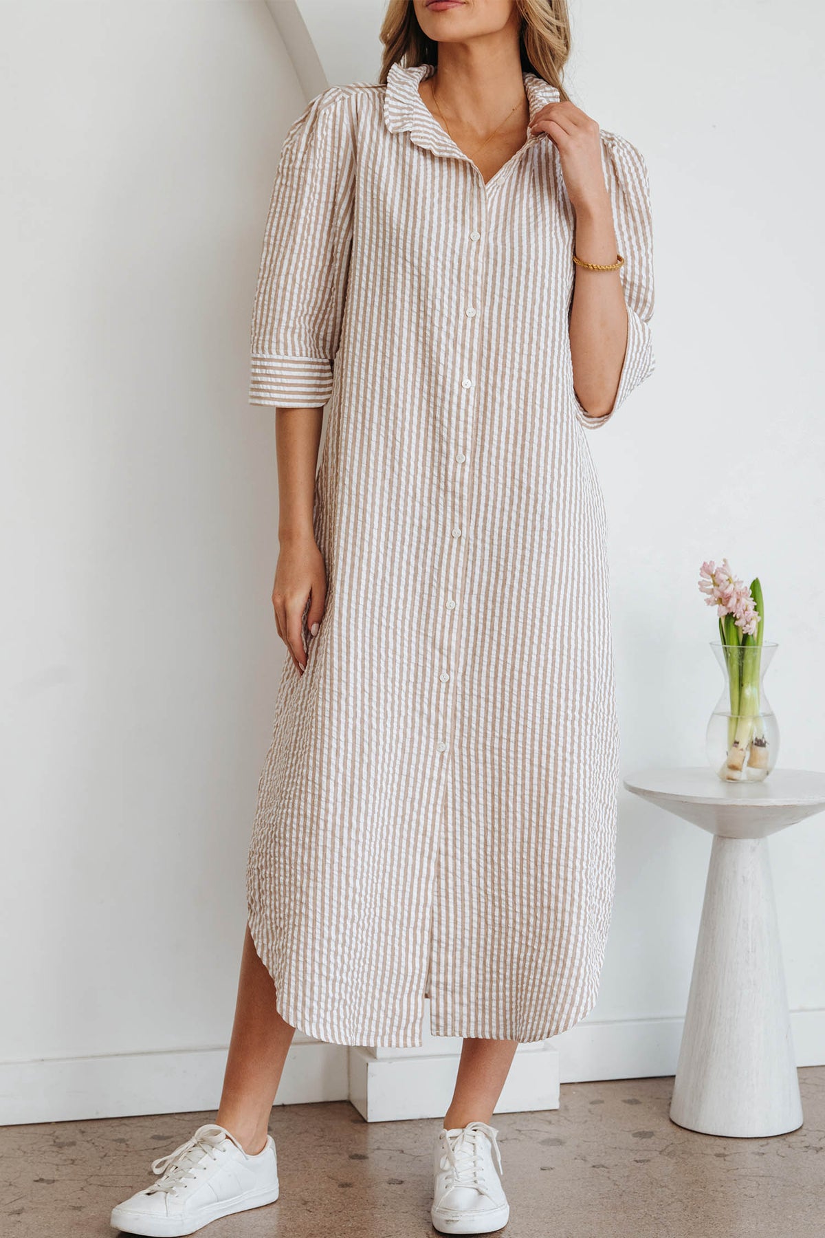 Khaki Stripe Frilled Collar Half Sleeve Shirt Maxi Dress