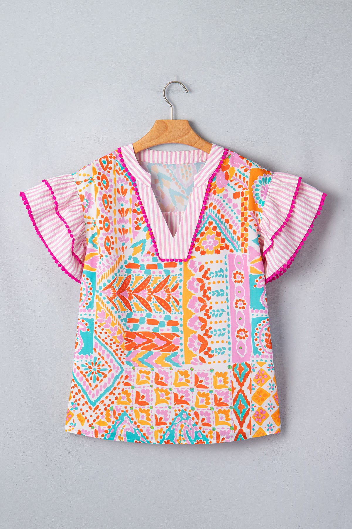 Rose Boho Mixed Print Contrast Trim Striped Patchwork Tiered Short Sleeve Blouse