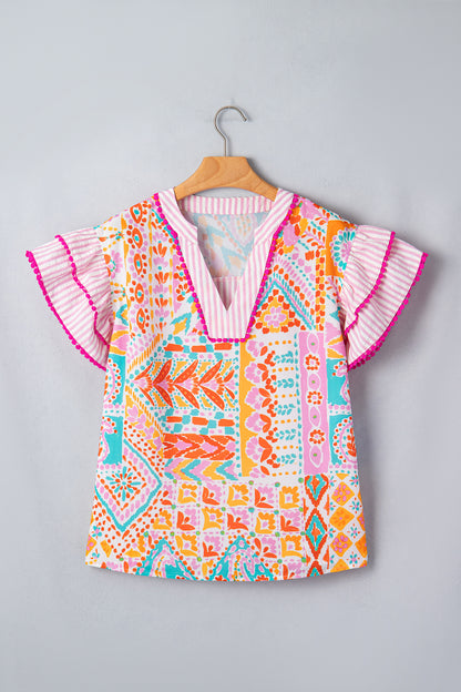 Rose Boho Mixed Print Contrast Trim Striped Patchwork Tiered Short Sleeve Blouse