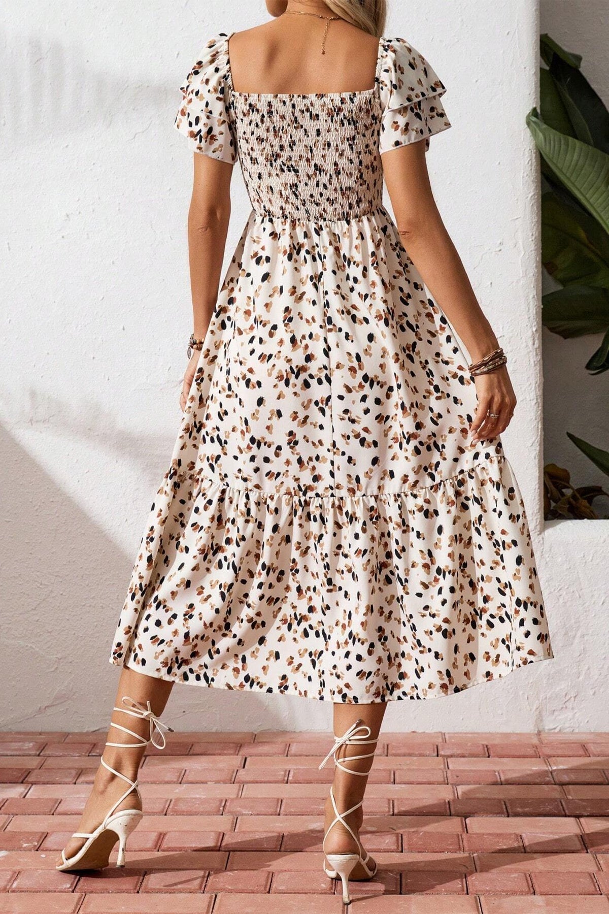 Beige Ditsy Floral Print Smocked Square Neck Ruffle Short Sleeve Dress