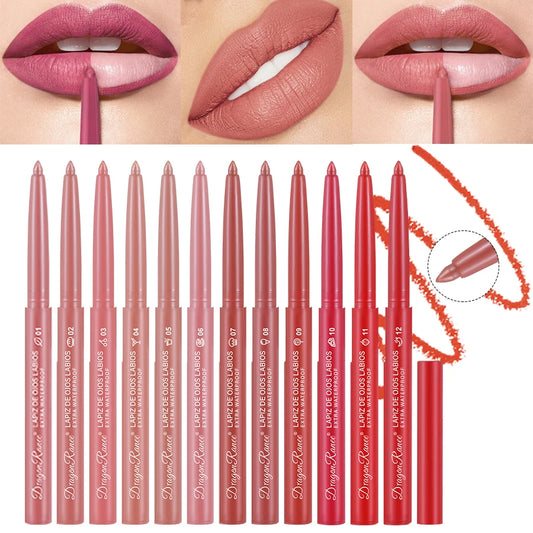 Collection of 12 Dragon Ranee automatic rotating lip liners showing a variety of matte shades from nude to deep red.