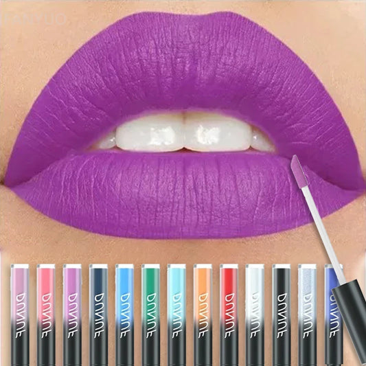 Close-up of vibrant purple matte lipstick application showing the DUNUF liquid lipstick tube and applicator.