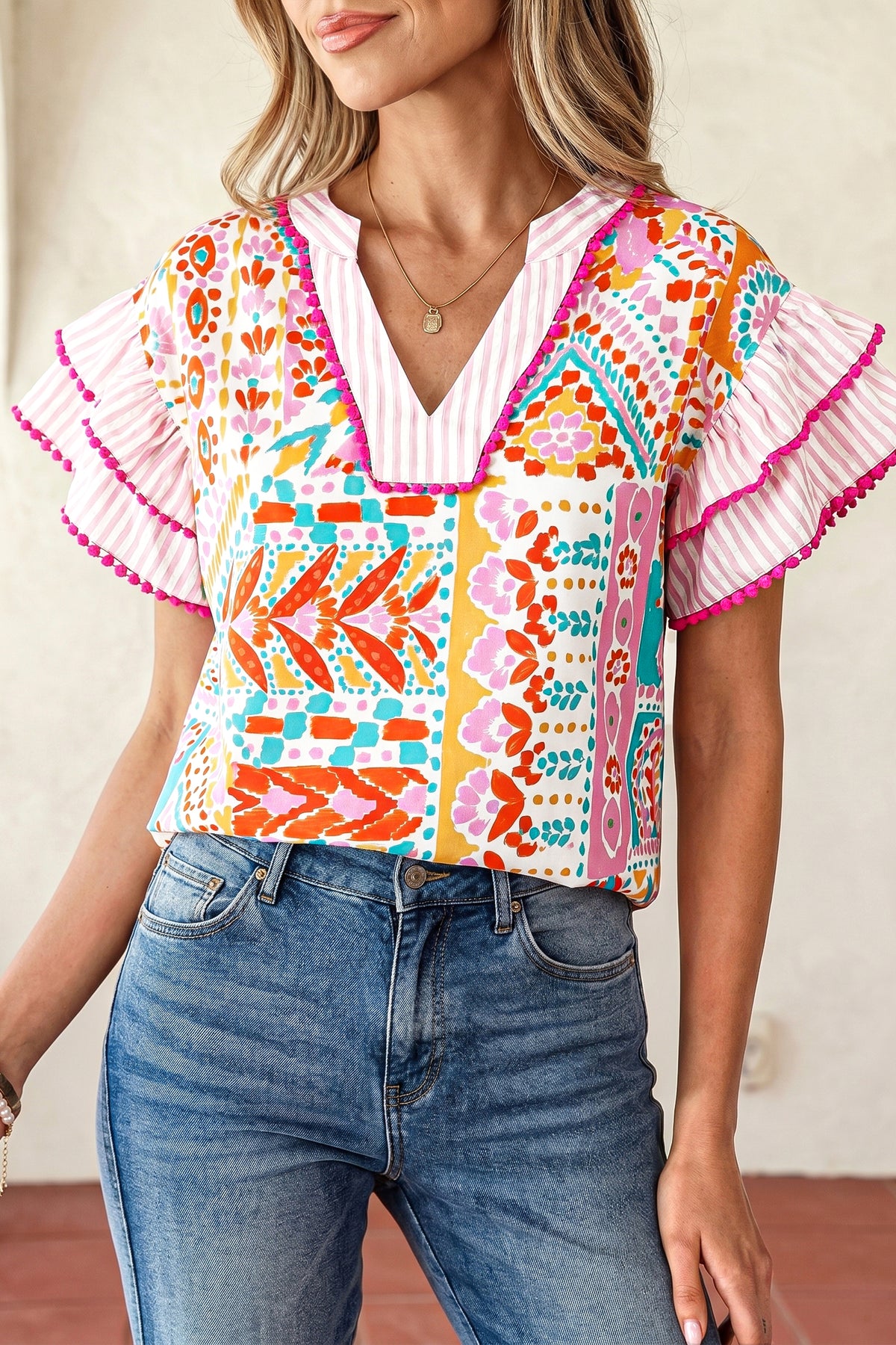 Rose Boho Mixed Print Contrast Trim Striped Patchwork Tiered Short Sleeve Blouse
