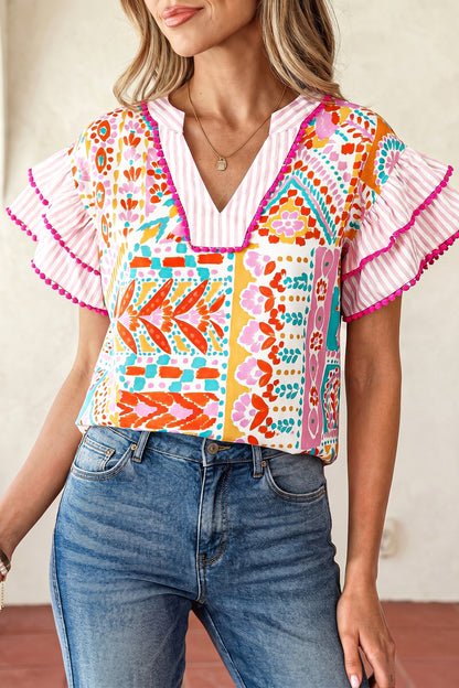 Rose Boho Mixed Print Contrast Trim Striped Patchwork Tiered Short Sleeve Blouse