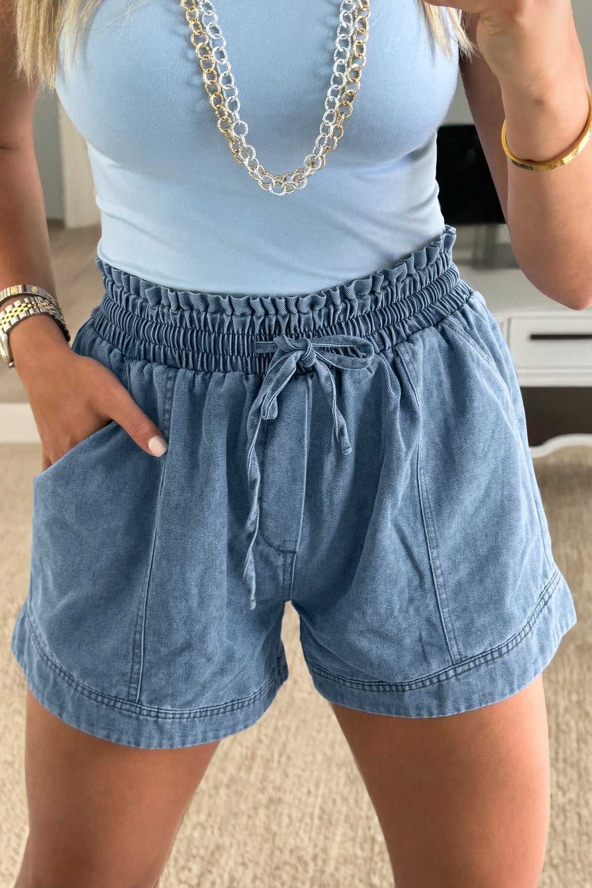 Dusk Blue Smocked Elastic Waist Denim Shorts