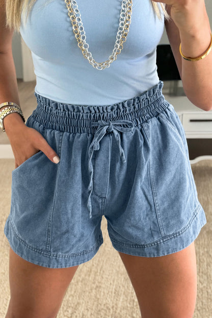 Dusk Blue Smocked Elastic Waist Denim Shorts