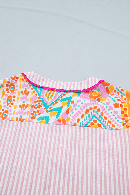 Rose Boho Mixed Print Contrast Trim Striped Patchwork Tiered Short Sleeve Blouse