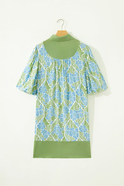 Sky Blue Floral Print Color Block Patchwork Shirt Collar Half Sleeve Mini Dress
