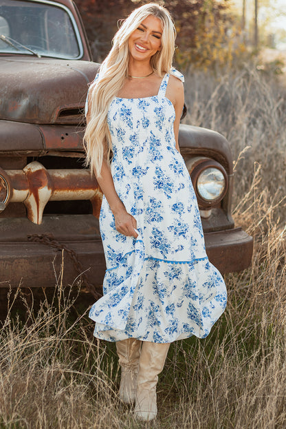 Sky Blue Floral Print Shirred Knot Shoulder Sleeveless Long Dress