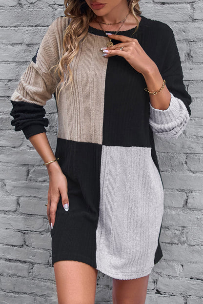 Black Ribbed Color Block Drop Shoulder Long Sleeve Mini Dress