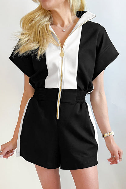 Black Contrast Collar Patchwork Zip Front Romper