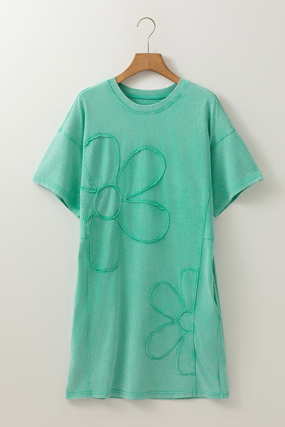 Sky Blue Mineral Wash Flower Patchwork Mini T Shirt Dress