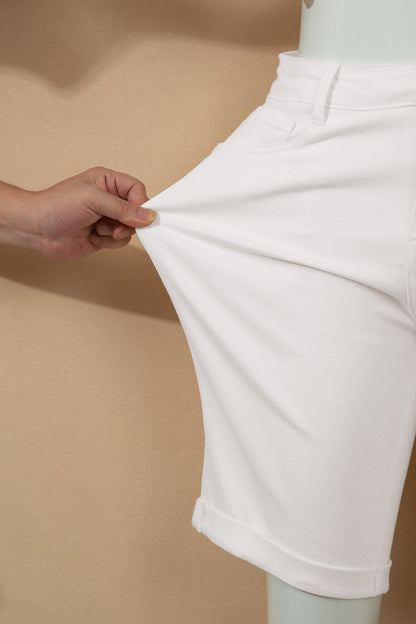 White Solid Color Rolled Cuffs Denim Bermuda Shorts