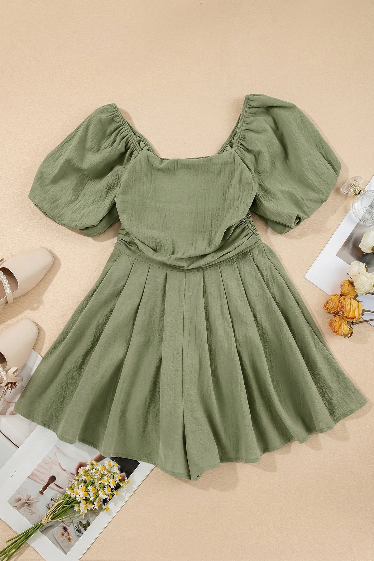 Sky Blue Brown Square Neck Ruched Puff Sleeve Romper