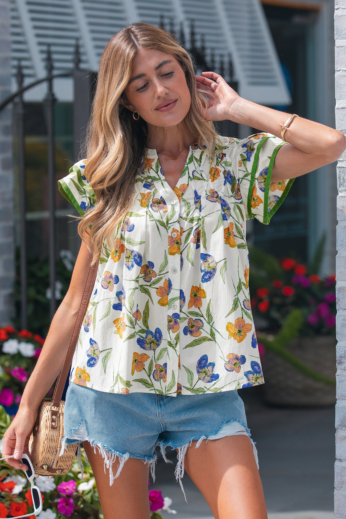 Green Floral Print Ruffle V-Neck Pressed Pleats Binding Tape Cotton Blouse