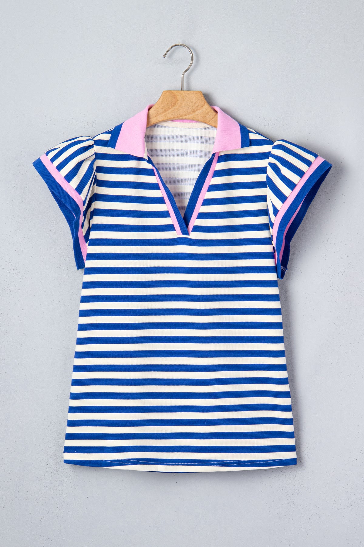 Blue Stripe Contrast Trim Polo Collar Ruffled Short Sleeve Blouse
