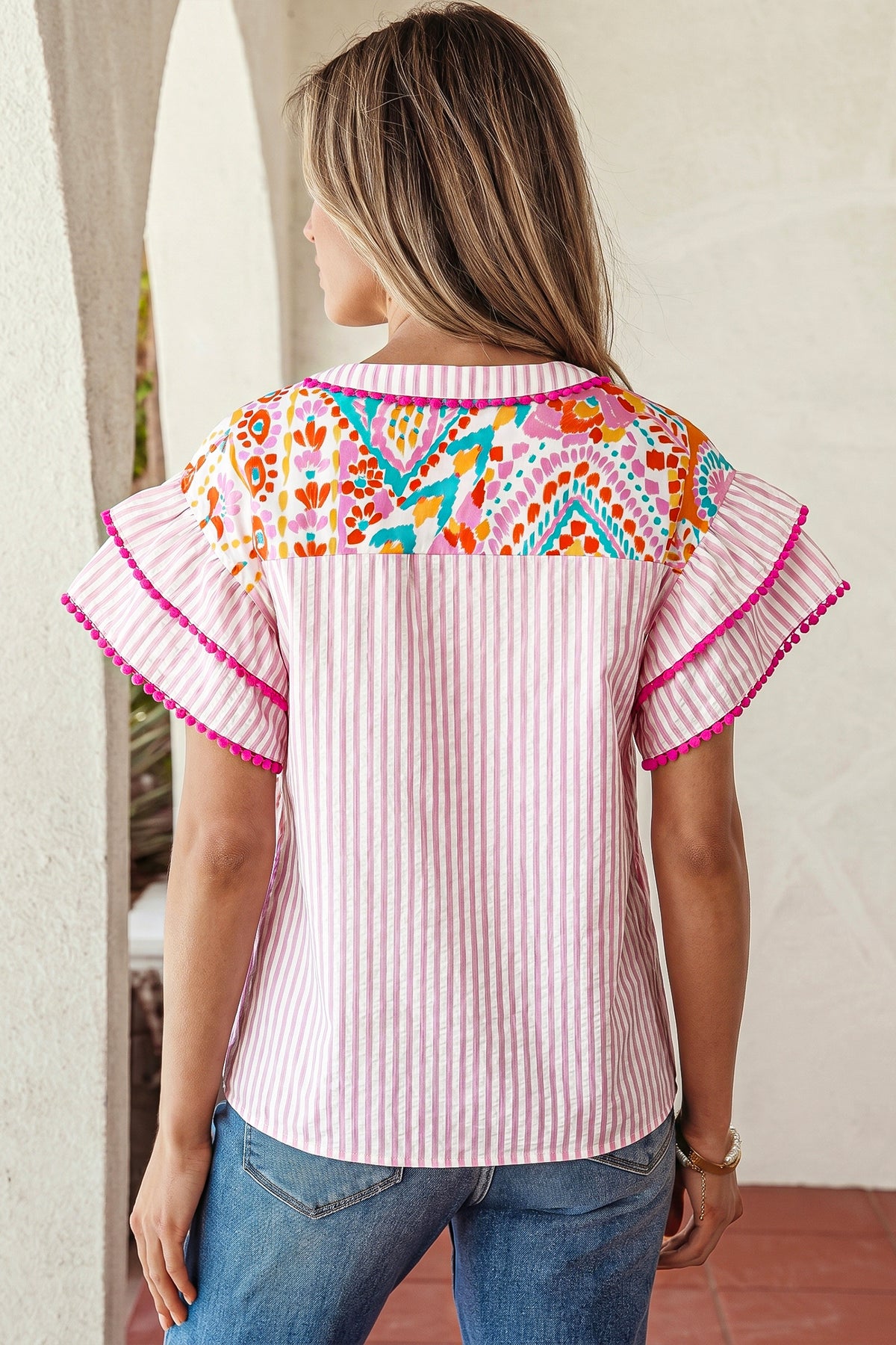 Rose Boho Mixed Print Contrast Trim Striped Patchwork Tiered Short Sleeve Blouse