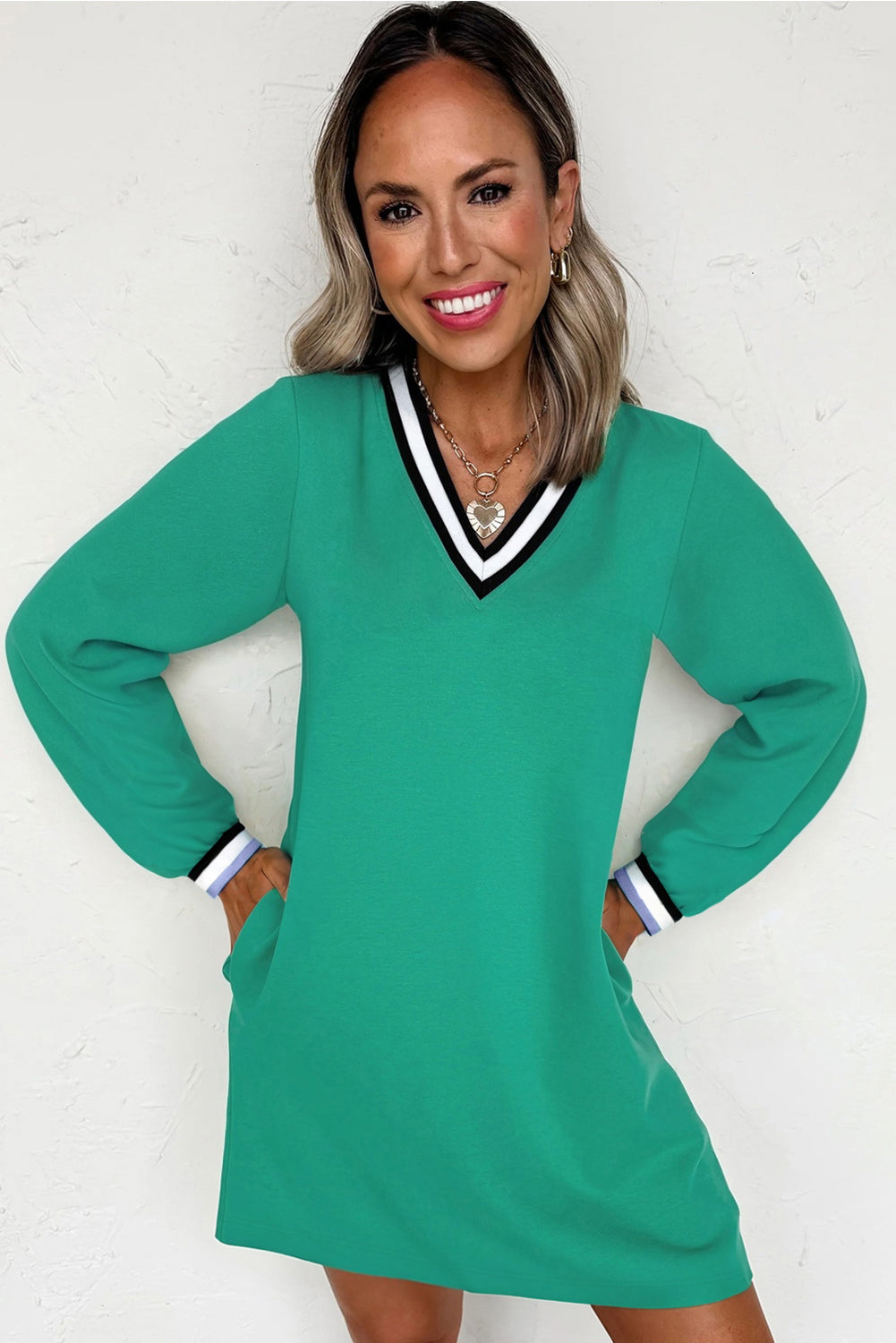 Mint Green Varsity Contrast Striped V Neck Long Sleeve T Shirt Dress with Pockets
