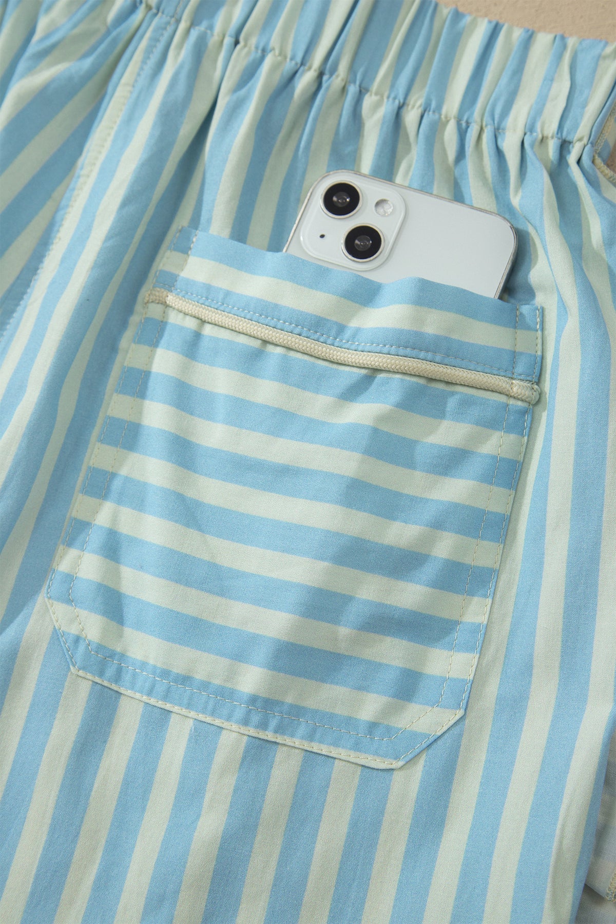 Sky Blue Stripe Elastic Waist Ruffle Trim Casual Shorts