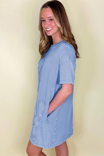 Sky Blue Mineral Wash Flower Patchwork Mini T Shirt Dress