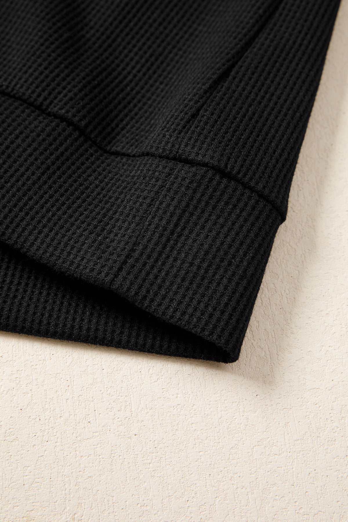 Black Waffle Knit Denim Color Block Patchwork Button Flap Polo Top