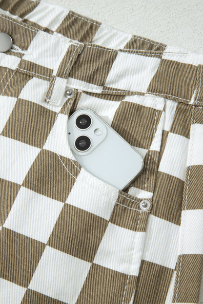 White Checkered Print Denim Barrel Pants