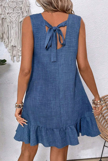 Smoke Gray Knot Scoop Back Ruffle Hem Sleeveless Mini Dress