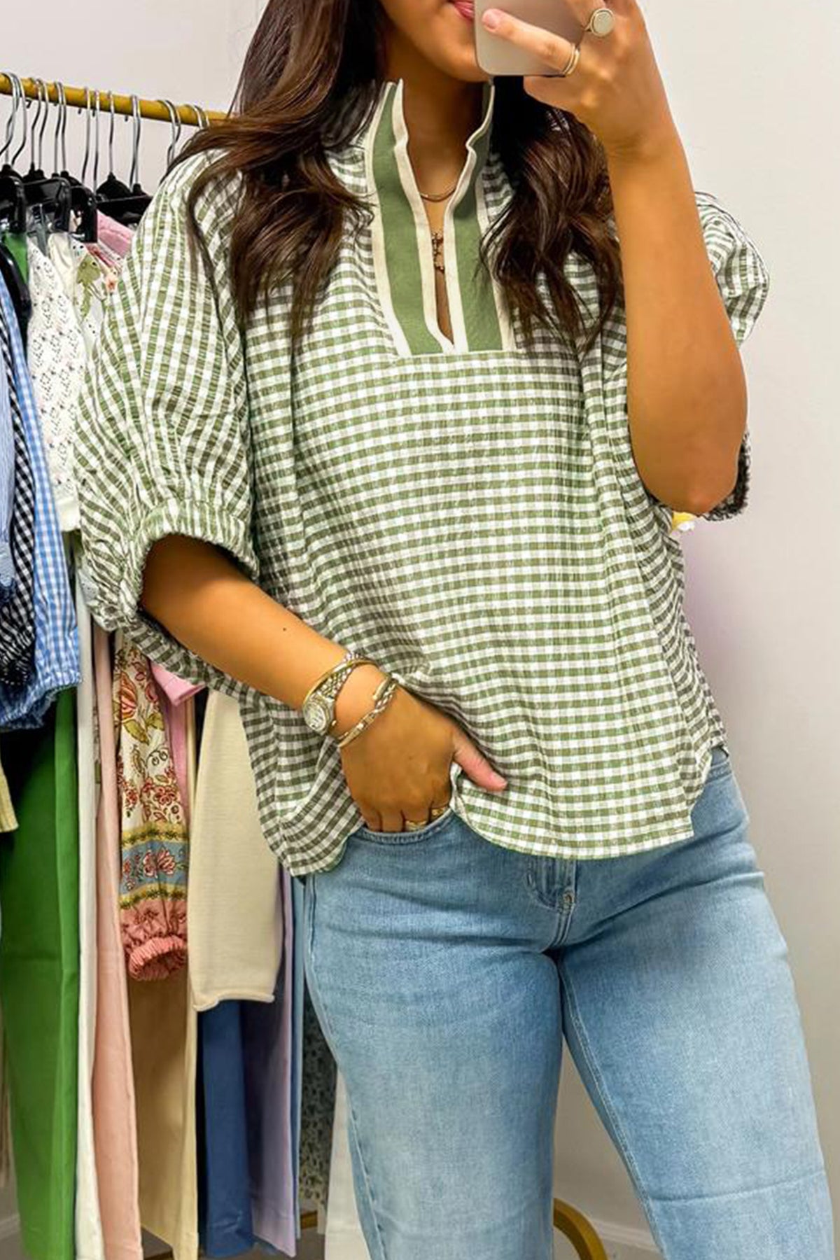 Red Plaid Short Sleeve Colorblock Trim Split Neck Blouse