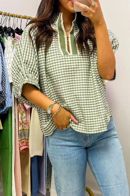 Red Plaid Short Sleeve Colorblock Trim Split Neck Blouse