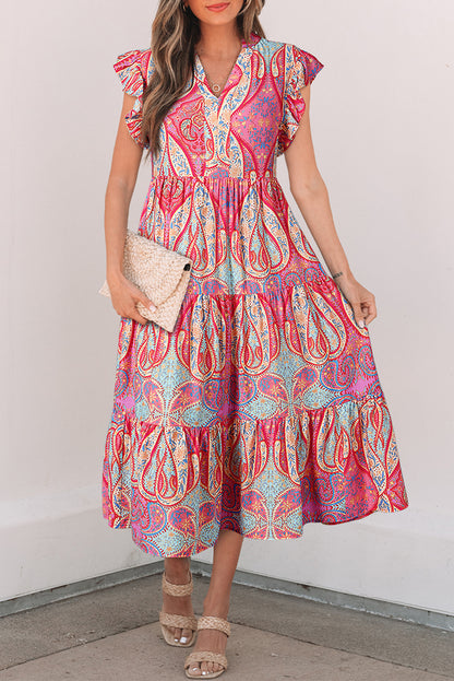 Rose Tribal Paisley Print Ruffled Sleeve Notch Neck Midi Dress