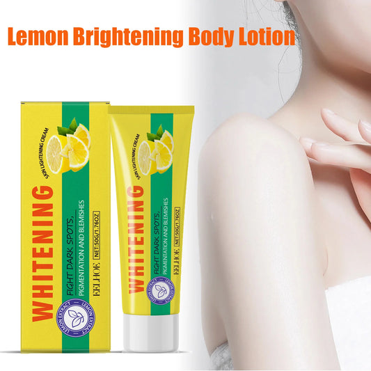 Eelhoe Lemon Brightening Body Lotion tube and box featuring dark spot and pigmentation fighting formula.