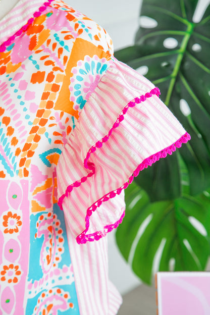 Rose Boho Mixed Print Contrast Trim Striped Patchwork Tiered Short Sleeve Blouse