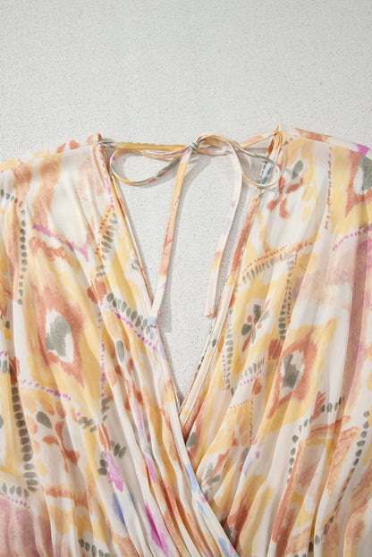 Multicolour Geometric Print Half Sleeve Shirred High Waist Maxi Dress