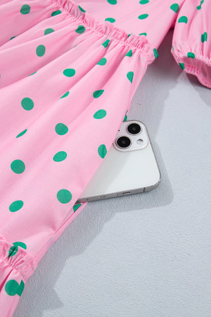 Pink Polka Dot Print V Neck Short Sleeve Tiered Mini Dress