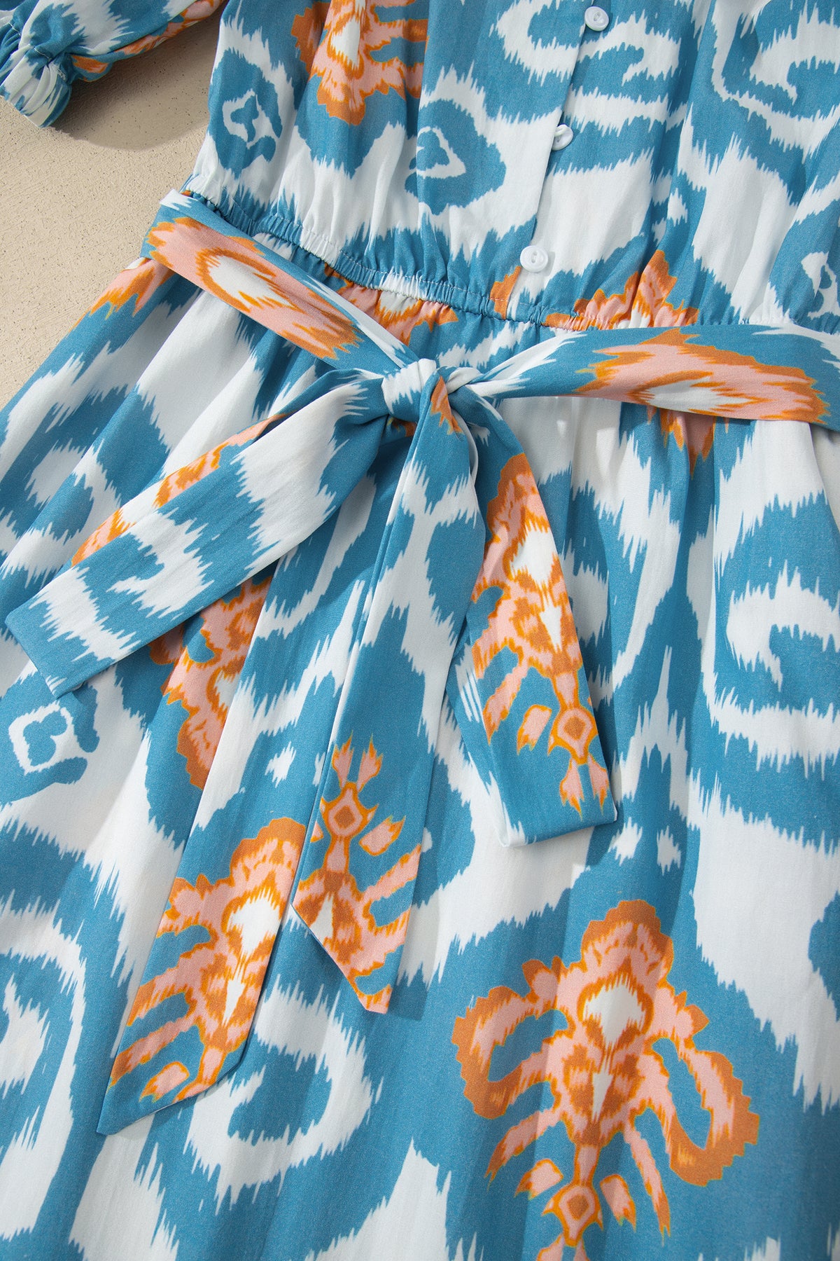 Sky Blue Boho Floral Print Short Puff Sleeve Button Down Ruffle Hem Midi Dress