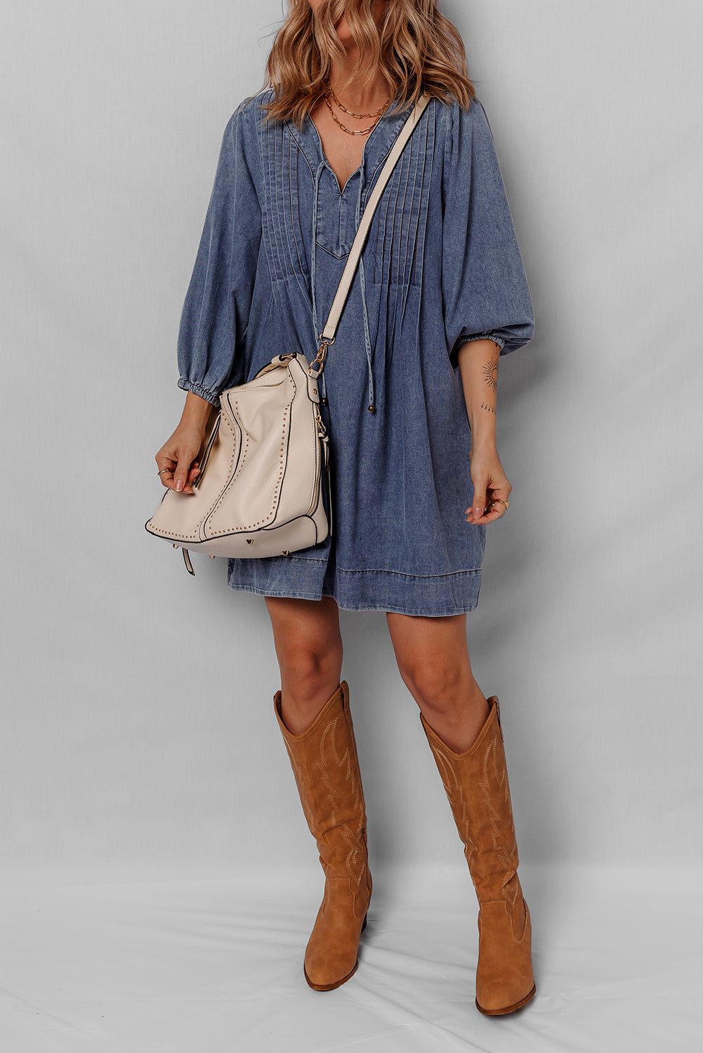 Sail Blue 3/4 Sleeve Tied V Neck Pleated Denim Mini Dress