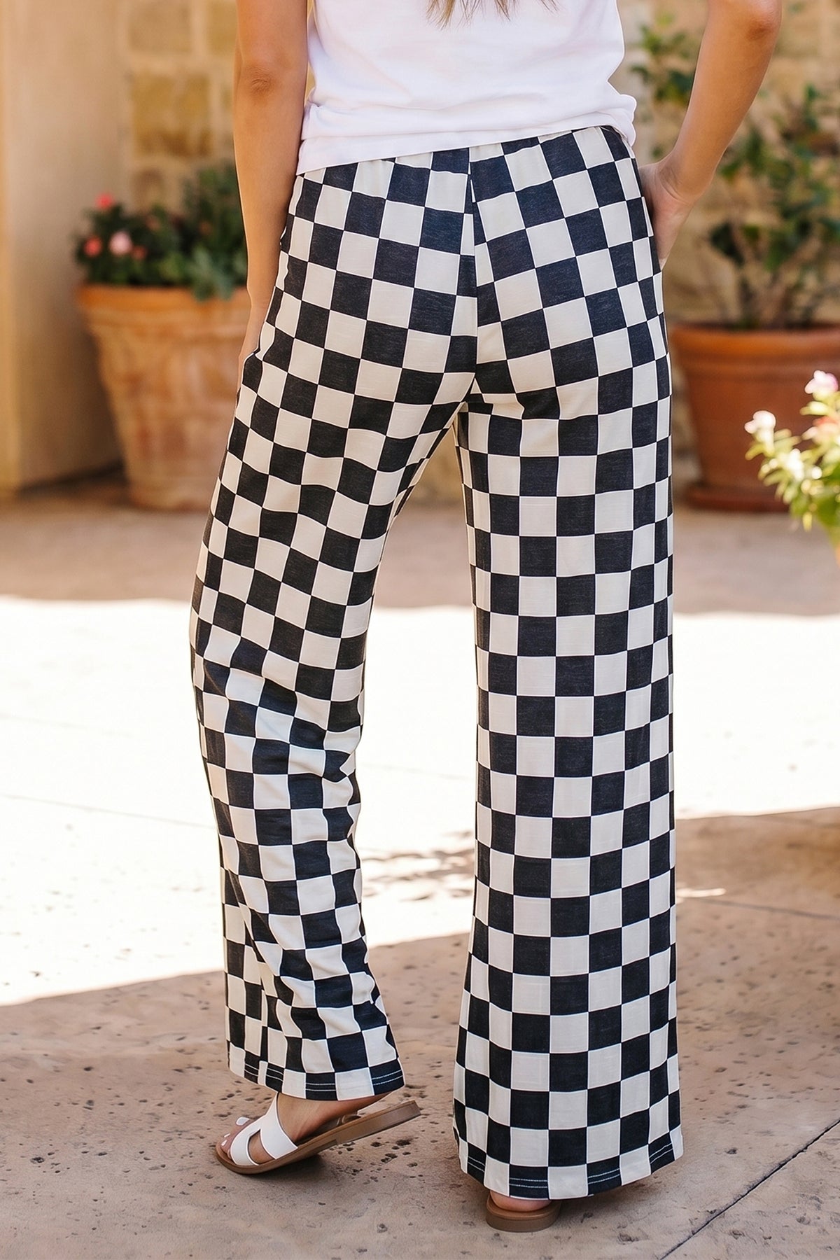 Black 2-Tone Checked Print High Waist Wide Leg Pants