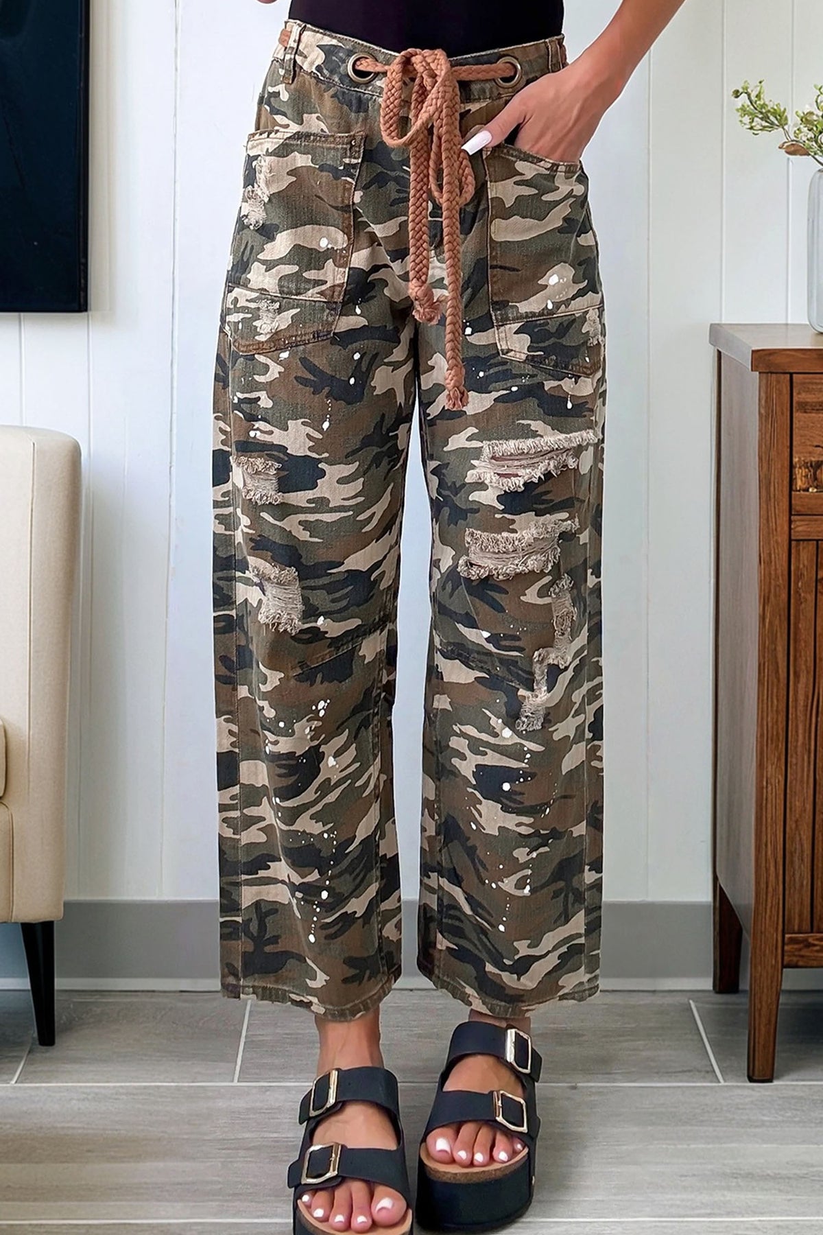 Green Camouflage Print Splashed Distressed Loose Denim Pants