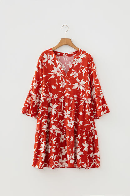 Sky Blue Boho Floral Print Lettuce Trim 3/4 Sleeve Mini Dress